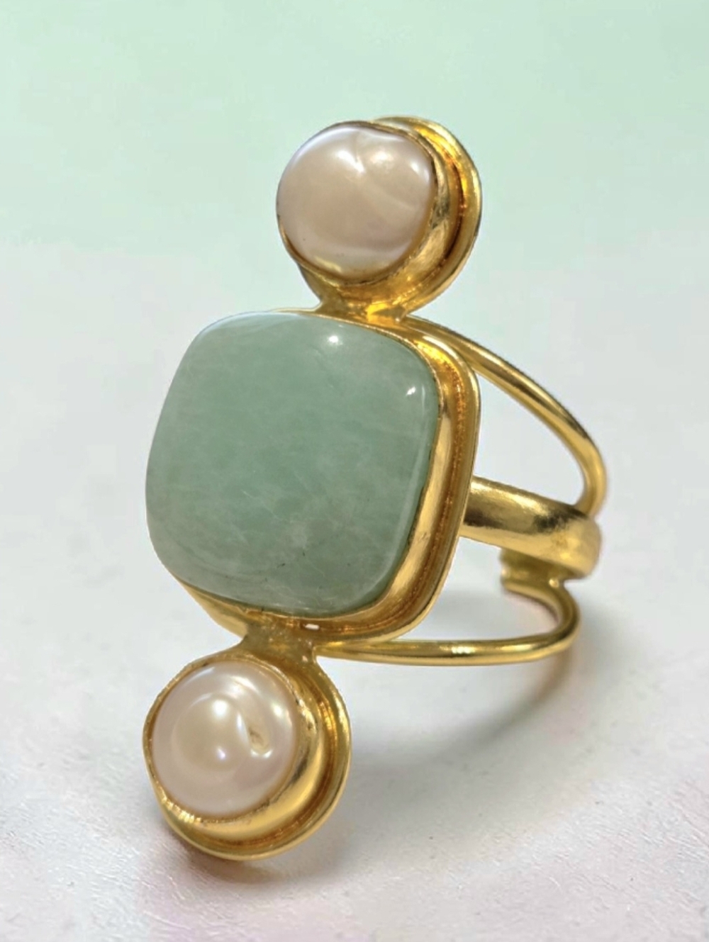 18k Gold Plated Oversized Genuine Natural Amazonite Stone Freshwater Pearl Ring